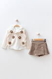 Miniğimin Cicileri Papatya Detaylı ve Ekose Şortetekli Kız Çocuk 3 lü Takım - Krem
