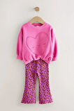 Miniğimin Cicileri Oversize Kalp Detaylı Leopar Tayt Kız Çocuk Takım - Fuşya