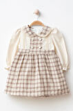 Miniğimin Cicileri Ekose Düğme Detaylı Kız Çocuk Pamuk Elbise - Kahve