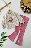 Miniğimin Cicileri Kiraz Panç İşleme Detaylı Beli Lastikli Kız Çocuk Takım - Mürdüm
