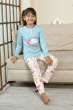 Miniğimin Cicileri Bulut Baskılı Düğmeli Kız Çocuk Pijama Takımı - Mavi