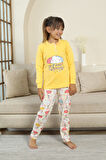 Miniğimin Cicileri Bulut Baskılı Düğmeli Kız Çocuk Pijama Takımı - Sarı