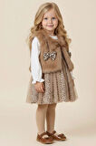 Miniğimin Cicileri Kürklü Fiyonk Detaylı Leopar Tüllü Premium Kız Bebe Elbise Takım- Kahve