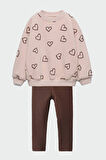 Miniğimin Cicileri Kalp Baskı Detaylı Kız Çocuk Taytlı 2 li Takım - Kahverengi
