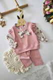 Miniğimin Cicileri Fiyonk Detaylı Çiçek Desenli Bluzlu 3 lü Kız Takımı - Pembe