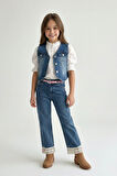 Miniğimin Cicileri Paçası Güpürlü Taşlı Kız Çocuk Kot Pantolon - Mavi