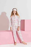 Miniğimin Cicileri Termal Kumaş Kalp Desenli Kız Çocuk Pijama Takımı - Beyaz