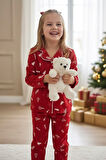 Miniğimin Cicileri Çam Ağacı  Desenli Süet Kız Çocuk Pijama Takımı - Kırmızı