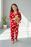 Miniğimin Cicileri Kalp Desenli Süet Kız Çocuk Pijama Takımı- Kırmızı