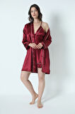 Kadın Bordo Saten Çeyiz Seti 6 Parça Beyaz Biyeli Sabahlık Gecelik Pijama Şortlu Takım 8630