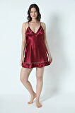 Kadın Bordo Saten Çeyiz Seti 6 Parça Beyaz Biyeli Sabahlık Gecelik Pijama Şortlu Takım 8630