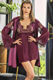 Kadın 5321 Kimono Gecelik Sabahlık Dantelli Saten Takım