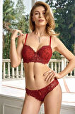 Meba Kadın Balenli Dantelli Destekli Push-up Bordo Sütyen Takım 4487