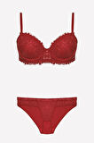 Meba Kadın Balenli Dantelli Destekli Push-up Bordo Sütyen Takım 4487