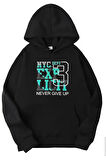 Siyah nyc baskılı kapüşonlu sweatshirt