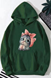 Sevimli Kedi Baskılı Kadın Kapüşonlu Sweatshirt