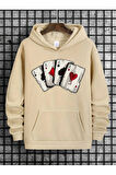 İskambil Kart Desenli Kapüşonlu Sweatshirt