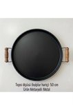 Ahşap Kulplu 50 Cm Yuvarlak Metal Tepsi Kahvaltı Çay Kahve Sunum Tepsisi