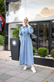 Kadın Fır Fırlı Belden Bağlamalı Denim Kot Elbise