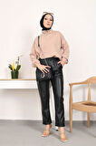 Kadın Beli Lastikli Deri Pantolon