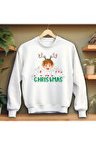 Merry Christmas Beyaz Bisiklet Yaka Sweatshirt Kalın Kumaş 3 İplik
