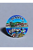 ALANYA Temalı Kabartma Polyester Magnet. 7cm çap. Turuncu