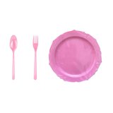 Omeyva 23 Cm. Plastik Mika Pembe Sorfa Piknik Seti - 72 Kişilik Tabak Çatal Kaşık Takımı