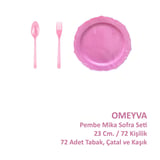 Omeyva 23 Cm. Plastik Mika Pembe Sorfa Piknik Seti - 72 Kişilik Tabak Çatal Kaşık Takımı