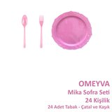 Omeyva 26 Cm. Plastik Mika Pembe Sorfa Piknik Seti - 24 Kişilik Tabak Çatal Kaşık Takımı