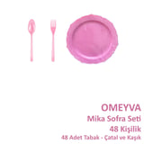 Omeyva 26 Cm. Plastik Mika Pembe Sorfa Piknik Seti - 48 Kişilik Tabak Çatal Kaşık Takımı