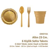 Omeyva Dayanıklı Mika 23 Cm. Altın Sorfa Piknik Seti - 6 Kişilik Tabak Bardak Çatal Kaşık Takımı