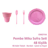 Omeyva 26 Cm. Plastik Mika Pembe Sorfa Piknik Seti - 48 Kişilik Tabak Bardak Çatal Kaşık Takımı