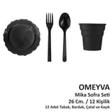Omeyva Dayanıklı Mika Plastik Siyah Sorfa Piknik Seti - 12 Kişilik Tabak Bardak Çatal Kaşık Takımı