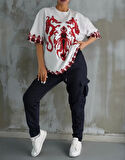 melfxxl Unisex Bisiklet Yaka Baskılı Oversize T-Shirt - Beyaz