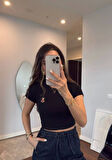 melfxxl Bisiklet Yaka Kısa Kollu Nakışlı Crop - Siyah