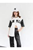 melfxxl Complex Kolları Deri Kolej Oversize T-shirt - Beyaz
