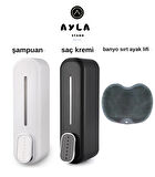 Ayla Stand Siyah ve Beyaz 300 ml Duvara Monte Sıvı Sabun Dispenseri + Banyo Sırt ve Ayak Lifi Seti