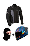 Prohel Gambıa Mont Siyah-Antrasit+RAPID 2 RACE OPTIK MAT MAVİ-MOR KASK+Prohel Balaklava Yazlık