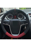 Opel Insignia Alt Koyu Kırmızı Nokta Damar Yüzüklü Desen Dikmeli Deri Direksiyon Kılıfı