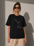 Livizmir Moda Minimal Kedi Çizim Baskılı Tişört Kısa Kol Yazlık T-Shirt - Siyah