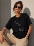 Livizmir Moda Minimal Kedi Çizim Baskılı Tişört Kısa Kol Yazlık T-Shirt - Siyah