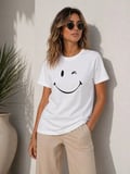 Livizmir Moda Minimal Gülümseyen Yüz Baskılı Tişört Kısa Kol Yazlık T-Shirt - Beyaz