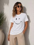 Livizmir Moda Minimal Gülümseyen Yüz Baskılı Tişört Kısa Kol Yazlık T-Shirt - Beyaz