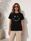 Livizmir Moda Minimal Gülümseyen Yüz Baskılı Tişört Kısa Kol Yazlık T-Shirt - Siyah