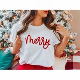 Livizmir Moda Yılbaşı Merry Christmas Baskılı Kısa Kollu Oversize Bisiklet Yaka T-shirt - Beyaz