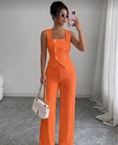 Livizmir Moda Kadın Düğme Detay Yelek Ve Bol Paça Pantolon Bürümcük Kumaş Ikili Takım