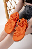 1001-1001 Orange Bilekten Bağcıklı Kadın Sandalet