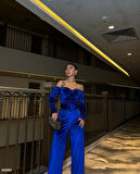 Kadın Modanna Yaka Zincir Askı Detay Kemer Dahil Kadife Kumaş Tulum