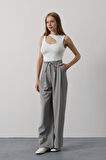 Pileli Bağcıklı Oversize Pantolon - Gri
