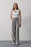 Pileli Bağcıklı Oversize Pantolon - Gri